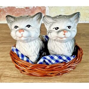 Vintage Cat Salt & Pepper Shakers Wicker Basket Blue Gingham Gray Black Kitten